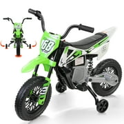 VIBESPARK 12V Electric Dirt Bike with Twist Grip Throttle, Kids Ride on Motorcycle with 2 Training Wheels, Powered Ride on Toys for Ages 3-8, Bluetooth, MP3, Dual Motors, Spring Suspension, Green